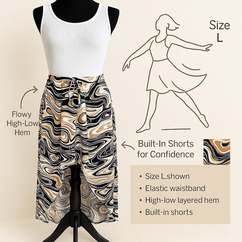 Blumin High-Low Abstract Skirt Built-In Shorts Boho Resort Festival NWOT L